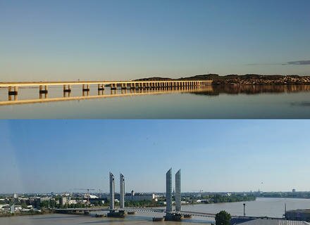  Two famous bridges : (top) Dundee, (bottom) Bordeaux. Dundee wins on the length and the age grounds, but Bordeaux wins on design and technology.